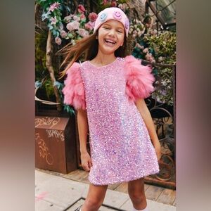 Lola + The Boys Pink Sequin Dress with Feather Trim